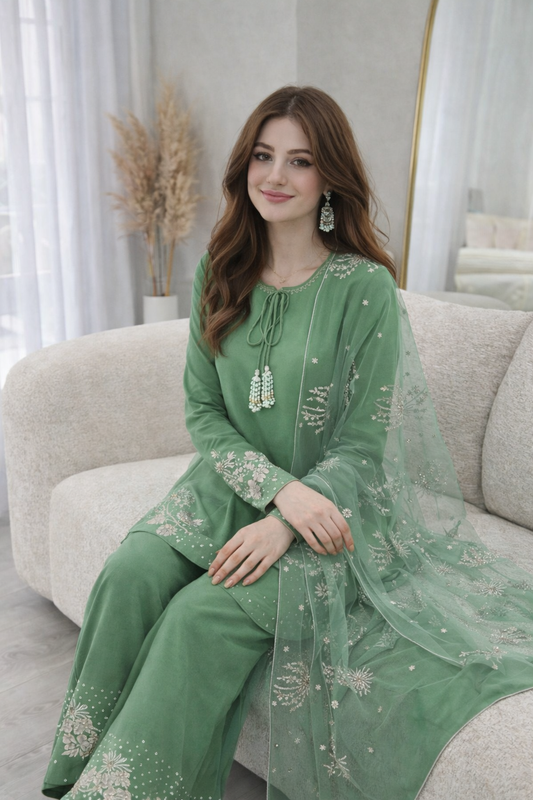 Embrose Embroidered - 3pc - Jade Green - Lawn